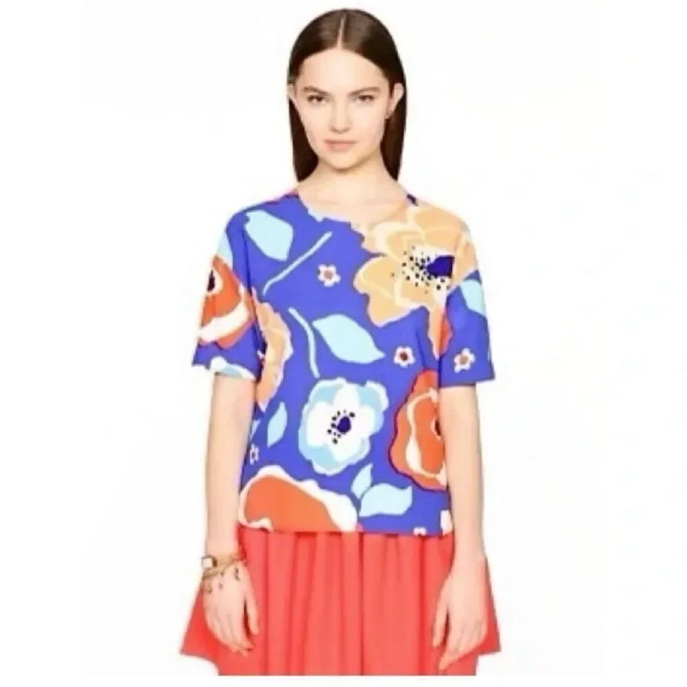 Kate Spade Ramona Floral Hi-Lo Back Striped Top sz 2 EUC